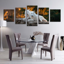 Load image into Gallery viewer, wolf scenery canvas wall art orange nature wolves wildlife multiple canvas white wolves landscape 5 piece canvas print In Dining Room
