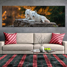 Load image into Gallery viewer, wolf  wildlife  canvas  print  white  wolves  panoramic  canvas  wall  art  wolf  orange  nature  scenery  canvas  artwork In Living Room
