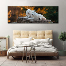 Load image into Gallery viewer, wolf  wildlife  canvas  print  white  wolves  panoramic  canvas  wall  art  wolf  orange  nature  scenery  canvas  artwork In Bedroom
