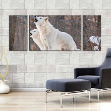 Load image into Gallery viewer, wolves howling canvas print white wolf snow 3 piece canvas wall art wolf in brown nature multiple canvas In Living Room
