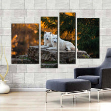 Load image into Gallery viewer, wolves landscape canvas wall art white wolves wildlife 4 piece canvas wolf orange nature scenery canvas print in living room
