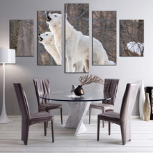 Load image into Gallery viewer, wolves snow canvas wall art arctic wolves in brown nature canvas print white wolves in brown nature 5 piece canvas set In Dining Room
