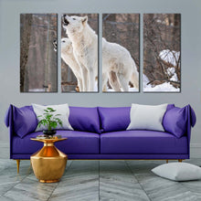 Load image into Gallery viewer, wolves wildlife canvas wall art white wolves howling 4 piece canvas print arctic wolf in brown nature canvas set In LIving Room
