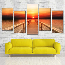 Load image into Gallery viewer, wood pier yellow orange color sky ocean 5 piece canvas art For Living Room
