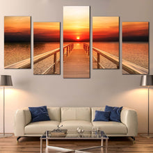 Load image into Gallery viewer, wood sun colour reflection sunset pier timber 5 piece wall art In Your Living Room
