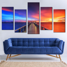 Load image into Gallery viewer, wood sun colour reflection water up clouds sunrise pier timber 5 piece wall art In  Living Room
