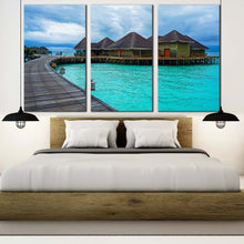 Load image into Gallery viewer, wooden bridge canvas wall art blue water villa 3 piece canvas set maldives hotel on water triptych canvas print For Bedroom
