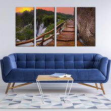 Load image into Gallery viewer, wooden bridge canvas wall art brown landscape bridge scenery waterfall 4 piece canvas print green national park plitvice lakes multi canvas In Living Room
