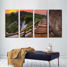 Load image into Gallery viewer, wooden bridge canvas wall art brown landscape bridge scenery waterfall 4 piece canvas print green national park plitvice lakes multi canvas In Living Your room
