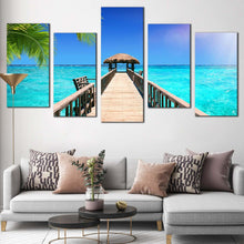 Load image into Gallery viewer, wooden pier canvas wall art brown bridge ocean 5 piece multi canvas artwork beautiful blue sea tropical paradise canvas print In Living Room
