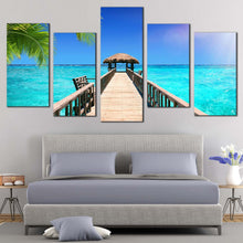 Load image into Gallery viewer, wooden pier canvas wall art brown bridge ocean 5 piece multi canvas artwork beautiful blue sea tropical paradise canvas print For Your Bedroom
