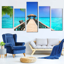 Load image into Gallery viewer, wooden pier canvas wall art brown bridge ocean 5 piece multi canvas artwork beautiful blue sea tropical paradise canvas print For Living Room
