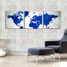 Load image into Gallery viewer, world  map  canvas  print  white  flat  earth  multi  canvas  artwork  blue  world  map  digital  painting  3  piece  canvas  wall  art In Living Room
