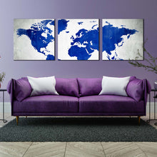 Load image into Gallery viewer, world  map  canvas  print  white  flat  earth  multi  canvas  artwork  blue  world  map  digital  painting  3  piece  canvas  wall  art For Living Room
