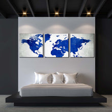 Load image into Gallery viewer, world  map  canvas  print  white  flat  earth  multi  canvas  artwork  blue  world  map  digital  painting  3  piece  canvas  wall  art For Bedroom
