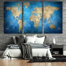 Load image into Gallery viewer, world map canvas wall art blue flat earth 3 piece canvas brown abstract world map triptych canvas set For Bedroom
