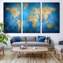 Load image into Gallery viewer, world map canvas wall art blue flat earth 3 piece canvas brown abstract world map triptych canvas set For Living Room
