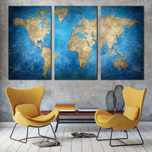 Load image into Gallery viewer, world map canvas wall art blue flat earth 3 piece canvas brown abstract world map triptych canvas set In Living Room
