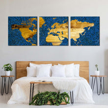 Load image into Gallery viewer, world  map  canvas  wall  art  blue  flat  earth  3  piece  canvas  set  yellow  vintage  world  map  canvas  print For Bedroom
