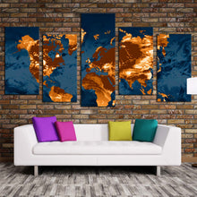 Load image into Gallery viewer, world map canvas wall art blue flat earth multiple canvas orange abstract world map 5 piece canvas print For Your Living room
