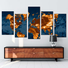 Load image into Gallery viewer, world map canvas wall art blue flat earth multiple canvas orange abstract world map 5 piece canvas print In Living Room
