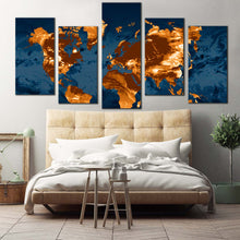 Load image into Gallery viewer, world map canvas wall art blue flat earth multiple canvas orange abstract world map 5 piece canvas print For Bedroom
