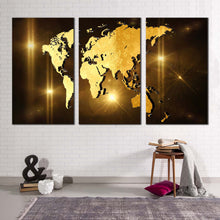 Load image into Gallery viewer, world map canvas wall art brown 3d earth map canvas print yellow world map digital painting 3 piece canvas print
