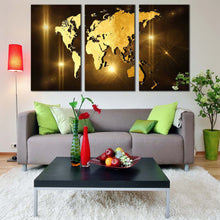 Load image into Gallery viewer, world map canvas wall art brown 3d earth map canvas print yellow world map digital painting 3 piece canvas print In Living Room
