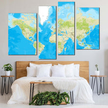 Load image into Gallery viewer, world map canvas wall art detailed green earth map 4 piece canvas print blue abstract flat world multi canvas artwork for bedroom
