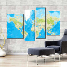 Load image into Gallery viewer, world map canvas wall art detailed green earth map 4 piece canvas print blue abstract flat world multi canvas artwork for your living room 
