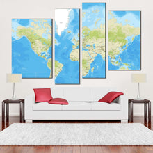 Load image into Gallery viewer, world map canvas wall art detailed green earth map 4 piece canvas print blue abstract flat world multi canvas artwork in living room
