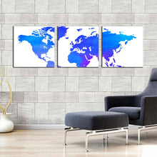 Load image into Gallery viewer, world  map  canvas  wall  art  detailed  world  map  3  piece  canvas  set  blue  purple  map  of  continents  canvas  print In Living Room
