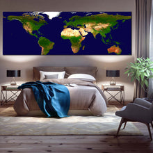 Load image into Gallery viewer, world  map  canvas  wall  art  green  map  of  continents  1  piece  canvas  print  blue  flat  earth  wide  canvas For Bedroom
