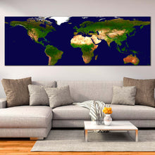 Load image into Gallery viewer, world  map  canvas  wall  art  green  map  of  continents  1  piece  canvas  print  blue  flat  earth  wide  canvas In Living room
