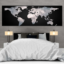 Load image into Gallery viewer, world  map  canvas  wall  art  grey  map  of  continents  1  piece  canvas  artwork  black  abstract  map  canvas  print In Bedroom
