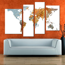 Load image into Gallery viewer, world map canvas wall art orange abstract globe 4 piece canvas print grey world map digital painting canvas set in living room
