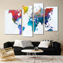 Load image into Gallery viewer, world map canvas wall art white globe abstract world map 4 piece canvas print colorful flat world multi canvas artwork for living room
