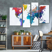 Load image into Gallery viewer, world map canvas wall art white globe abstract world map 4 piece canvas print colorful flat world multi canvas artwork for your living room 
