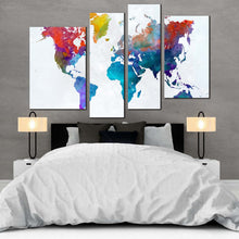 Load image into Gallery viewer, world map canvas wall art white globe abstract world map 4 piece canvas print colorful flat world multi canvas artwork in bedroom
