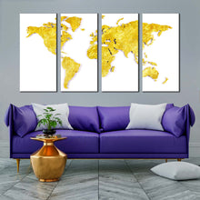 Load image into Gallery viewer, world map canvas wall art white globe flat world 4 piece canvas print yellow map of continents multiple canvas In Living Room
