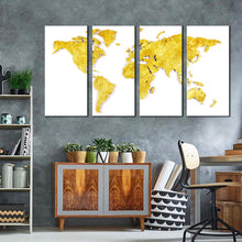 Load image into Gallery viewer, world map canvas wall art white globe flat world 4 piece canvas print yellow map of continents multiple canvas
