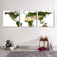 Load image into Gallery viewer, world  map  canvas  wall  art  world  map  digital  painting  canvas  print  white  background  flat  earth  canvas  set  green  detailed  world  map  3  piece  canvas
