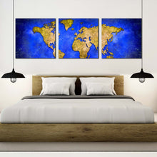 Load image into Gallery viewer, world  map  canvas  wall  art  yellow  map  of  continents  3  piece  canvas  print  blue  abstract  map  triptych  multi  canvas  artwork For Bedroom
