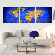 Load image into Gallery viewer, world  map  canvas  wall  art  yellow  map  of  continents  3  piece  canvas  print  blue  abstract  map  triptych  multi  canvas  artwork In Living Room
