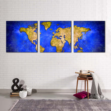 Load image into Gallery viewer, world  map  canvas  wall  art  yellow  map  of  continents  3  piece  canvas  print  blue  abstract  map  triptych  multi  canvas  artwork
