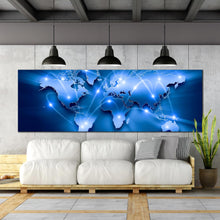 Load image into Gallery viewer, world  map  blue  background  panoramic  canvas  art In Living Room
