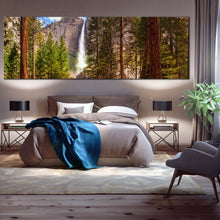 Load image into Gallery viewer, yosemite  falls  canvas  wall  art  california  green  forest  waterfall  wide  canvas  brown  mountain  waterfall  scenery  panoramic  canvas  print For Bedroom
