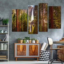 Load image into Gallery viewer, yosemite waterfalls canvas print green forest waterfall multi canvas california brown mountain 4 piece canvas wall art for your living room 
