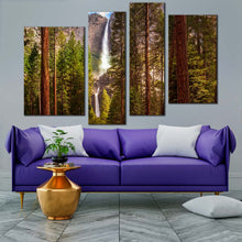 Load image into Gallery viewer, yosemite waterfalls canvas print green forest waterfall multi canvas california brown mountain 4 piece canvas wall art in living room
