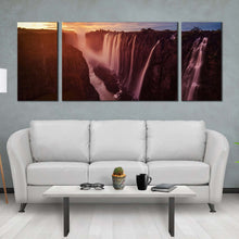 Load image into Gallery viewer, zimbabwe waterfall canvas wall art orange zambezi river waterfall nature 3 piece canvas set yellow sunset sky victoria falls canvas print For Living Room
